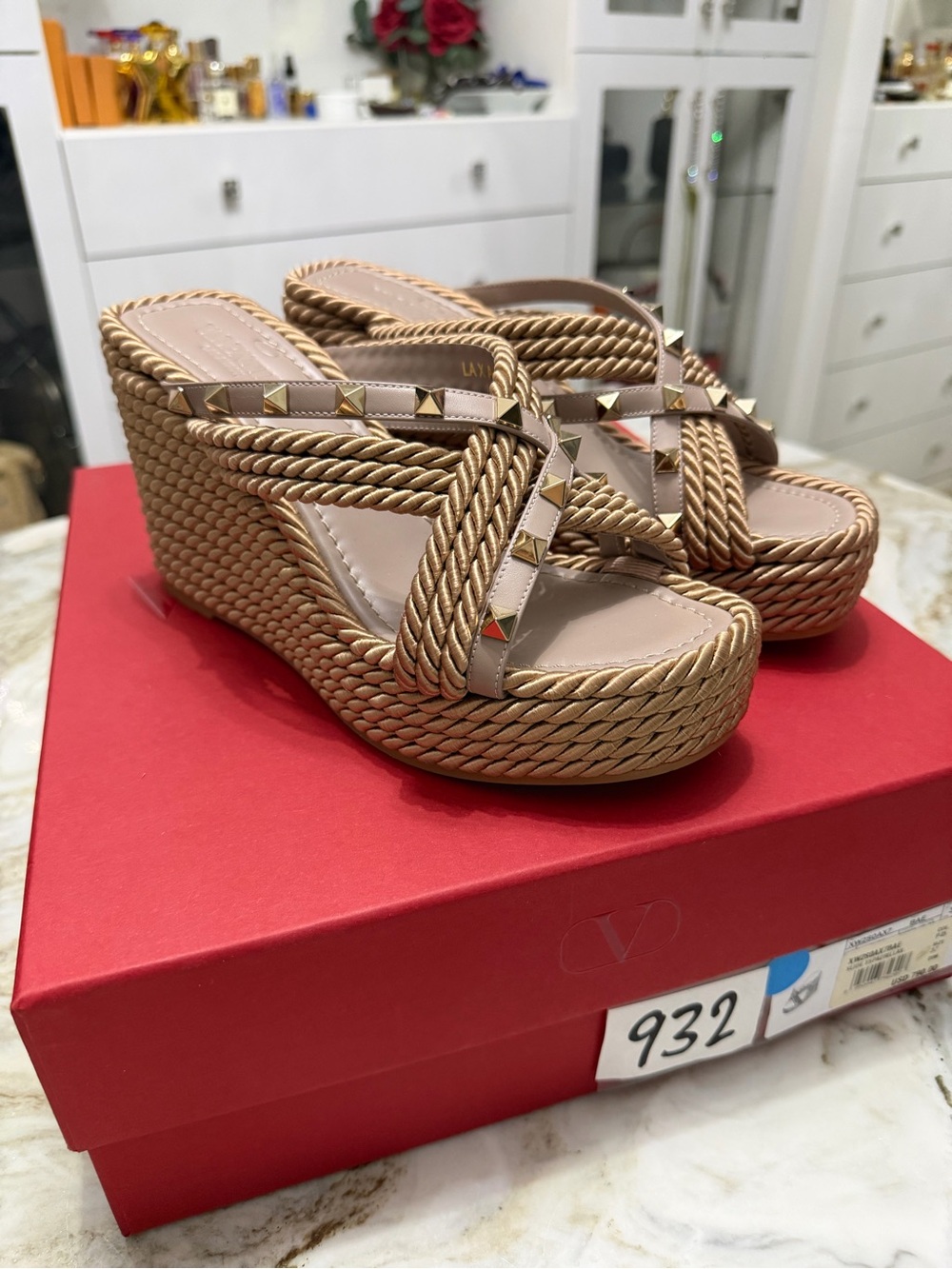 Valentino Beige Rope-Detail Studded Wedge Slides
